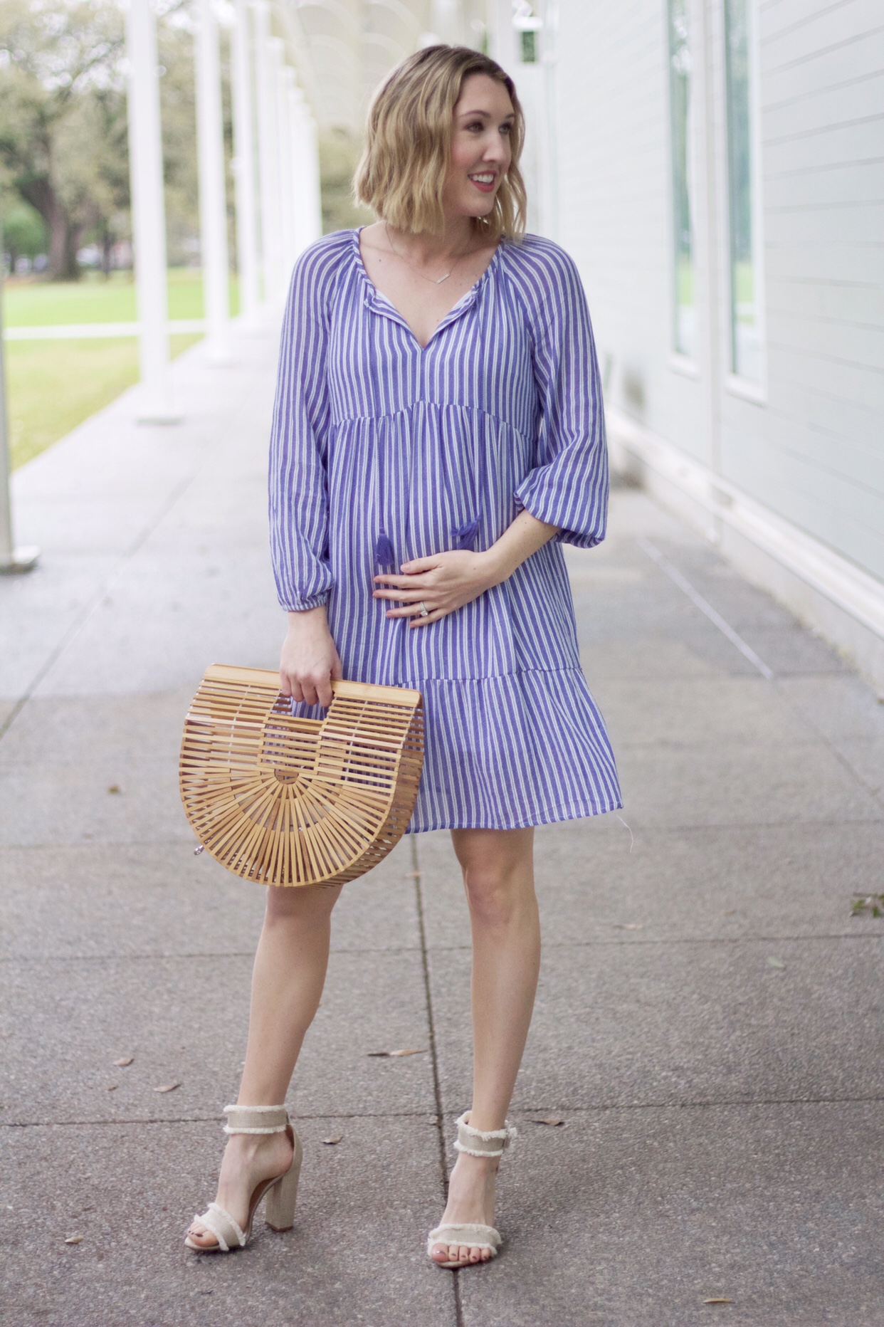 stripes and flowers-wearing a non-maternity dress while pregnant